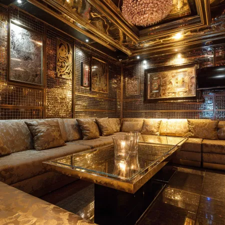 사당 벨벳 가라오케 골드 격자무늬 천장과 버건디 가죽 소파가 있는 룸